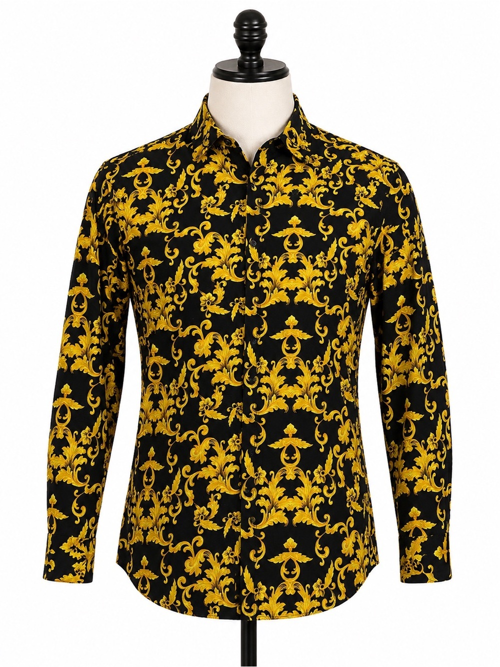 Black & Gold Baroque Print Long-Sleeve Button-Down Shirt